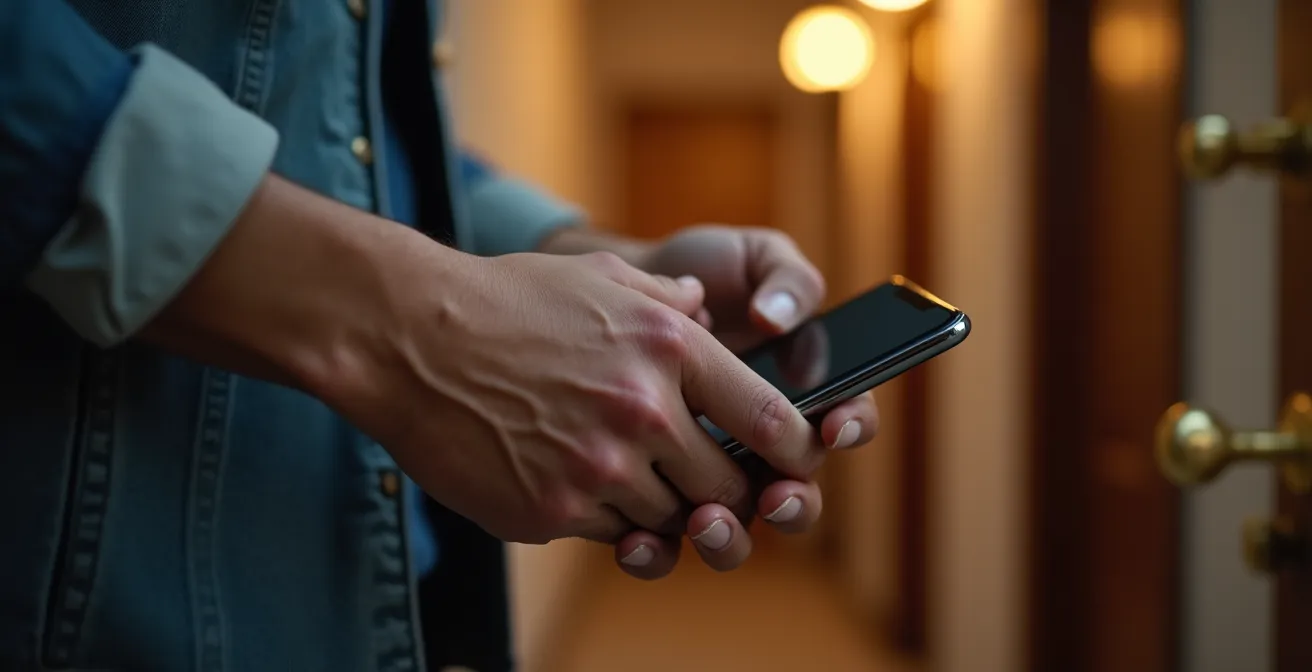 Main tenant un smartphone en situation de stress avec porte d'entrée floue en arrière-plan