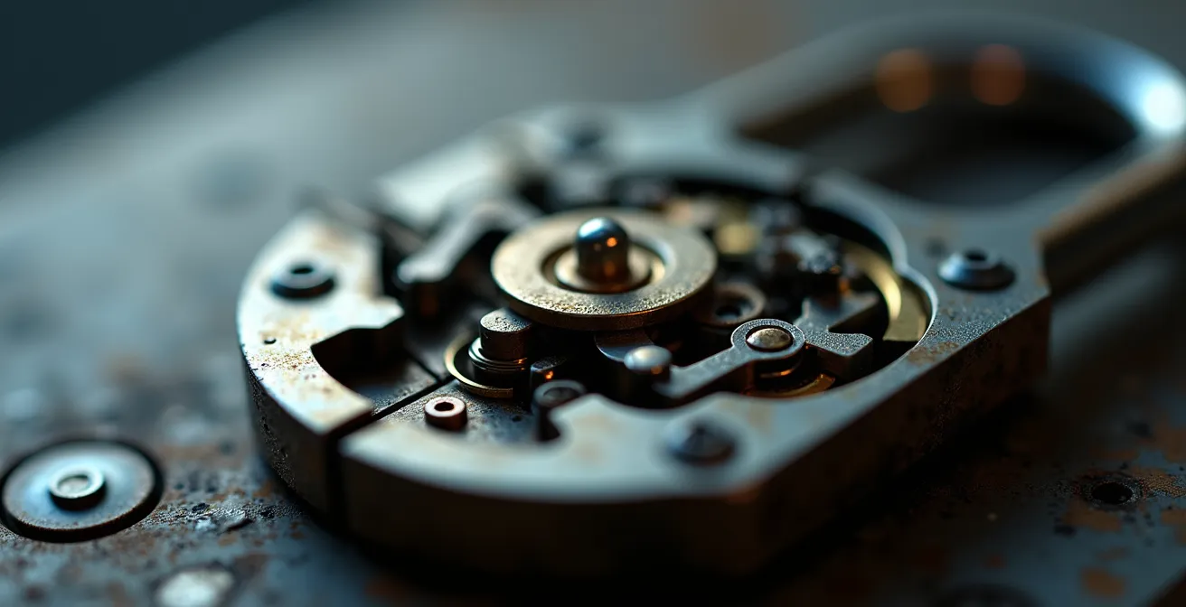 Détail d'un mécanisme de serrure haute sécurité complexe