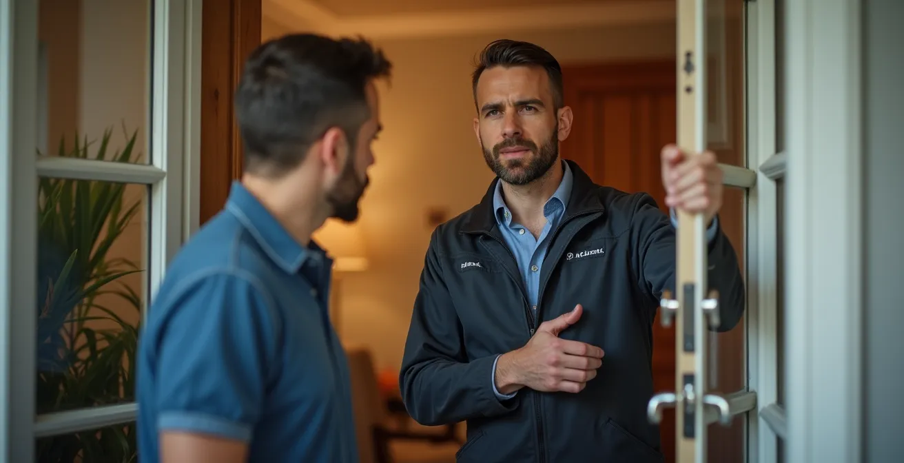 Professionnel expliquant les options de sécurité à un client devant une porte