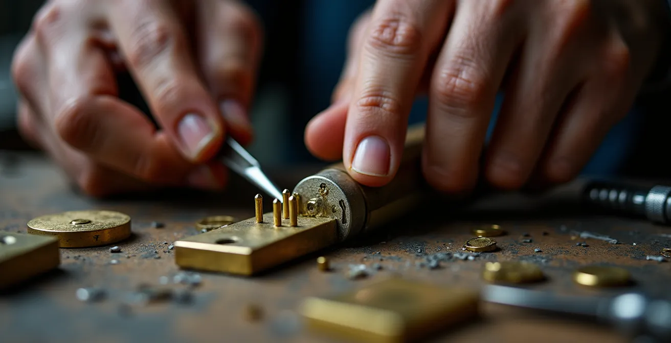 Gros plan sur les mains d'un serrurier examinant un mécanisme de serrure complexe