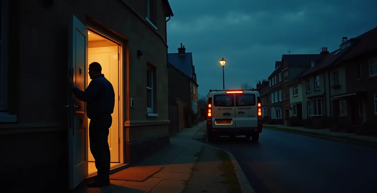 Vue d'ensemble d'un serrurier professionnel intervenant de nuit sur une porte d'entrée