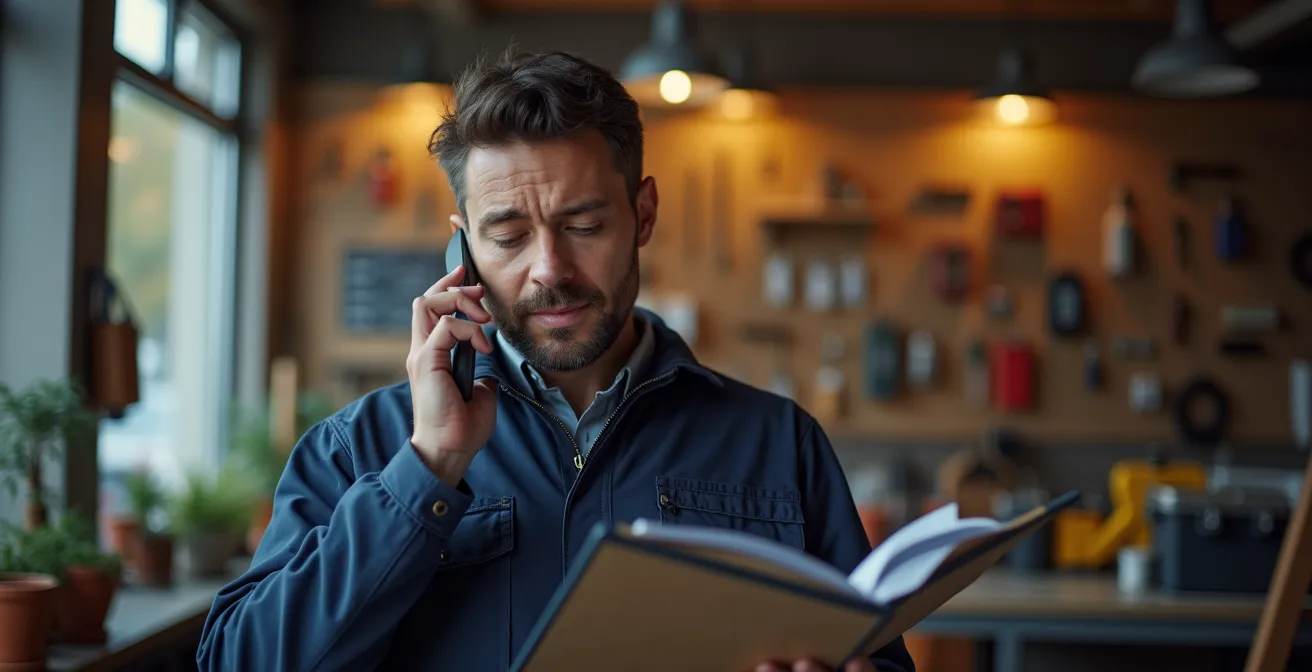 Serrurier au téléphone établissant un devis détaillé